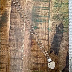 CAbi gold layered necklace with heart pendant and pearl accent